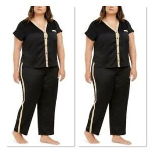 INC Plus Size Metallic-Trim Satin Pajama Set in Black/Gold size 2X- NEW